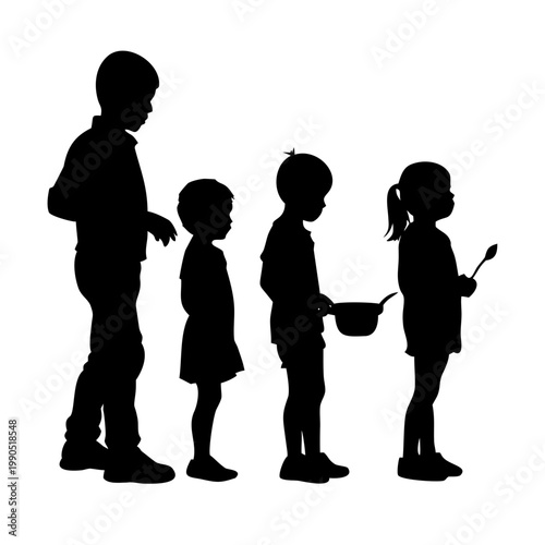 Children in Food Line Silhouette Vector with Adult Serving Soup