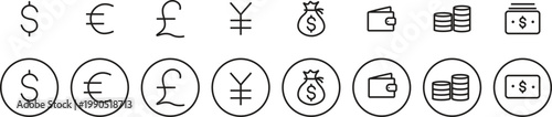 Currency and finance line icon set. Simple money and finance line icons set including wallet ATM. banking savings currency exchange vector outline symbols
