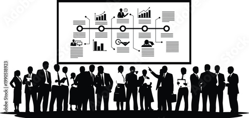 Business presentation with silhouetted audience a visual representation of data analysis and strategic planning in a modern office