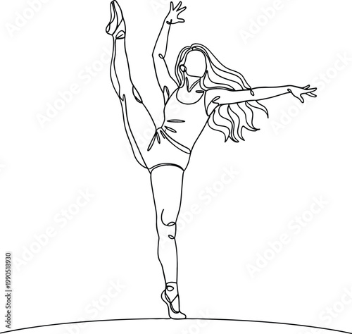 Ballet dancer performing high leg extension pose, graceful female ballerina line art illustration, elegance and movement in minimalist vector design