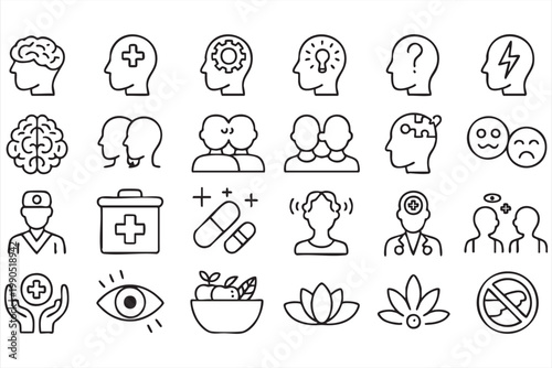 Mental Health Line Icon Set, Psychology, Therapy, Medical, Wellness Symbols