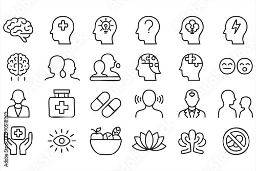 Psychology and Healthcare Line Icons, Brain, Emotion, Therapy, Medical Support Set