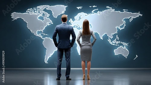 Global Vision: A pair of professionals contemplate a world map, envisioning a future of global business expansion and international collaboration.