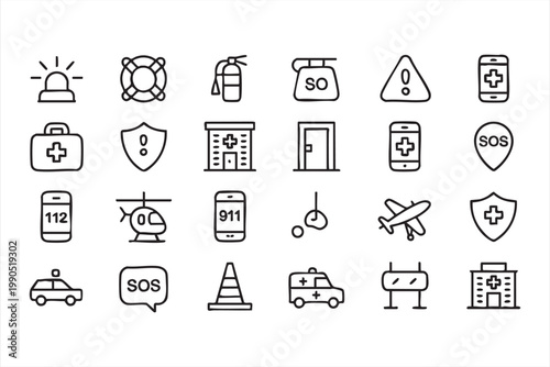 Emergency and Safety Line Icons, SOS, Rescue Services, Public Protection Set