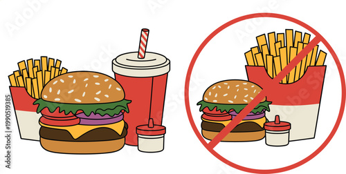Fast food meal with burger fries drink contrasted by unhealthy restriction prohibition symbol