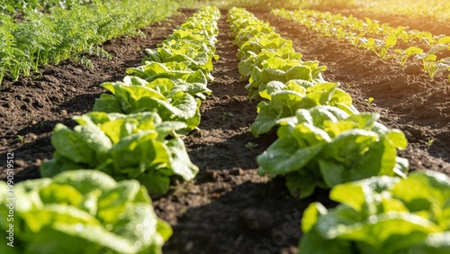 Lush Green Vegetable Garden Rows in Morning Light