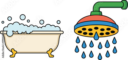 Bathroom hygiene icons featuring bathtub with bubbles and shower head with flowing water