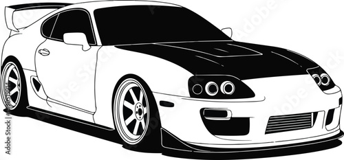Monochrome performance car side view illustration featuring aggressive body styling rear wing hood scoop and custom rims.