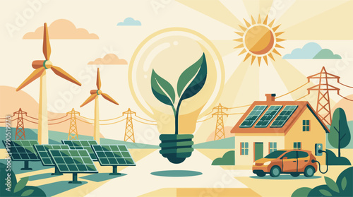 Sustainable energy concept with solar panels, wind turbines, electric car