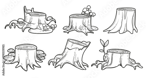 Big set of stumps with toadstools and moss linear drawing for coloring isolated on white background