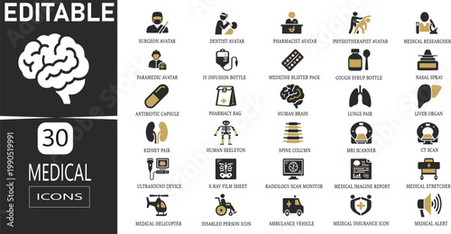Medical icons set with 30 flat vector elements, healthcare professional and hospital equipment symbols, clinical medicine and anatomy signs