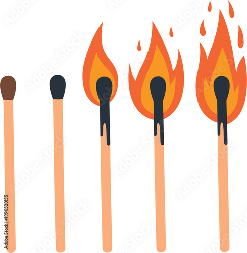 Illustration of match lighting progression from spark to strong flame with increasing intensity