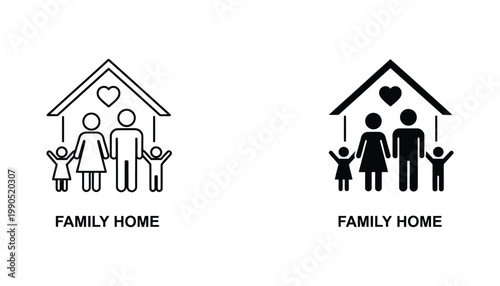 Family home icon set featuring loving family under roof in linear and solid black glyph style for real estate and social housing support services design assets