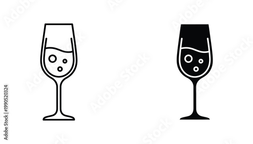 Champagne flute icon set for festive celebrations and luxury beverage branding in linear and solid black glyph style for bar and restaurant menu design assets