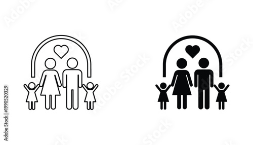 Family love icon set featuring parents and children under heart arch in linear and solid black glyph style for social welfare and family support services design