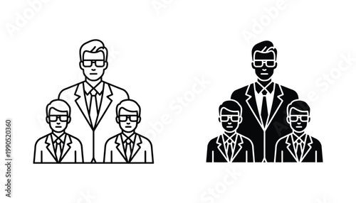 Business team leader icon set featuring manager with two subordinates in linear and solid black glyph style for corporate hierarchy and leadership management concepts