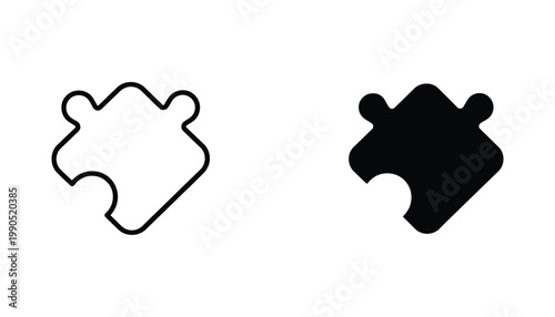 Jigsaw puzzle piece icon set representing problem solving and connectivity in black and white styles