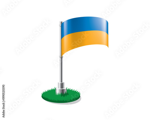 Ukrainian flag on a flagpole mounted on the grass