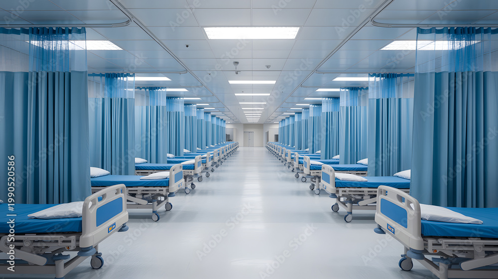 Obraz premium Empty Hospital Ward with Rows of Beds and Blue Curtains, Modern Healthcare Facility