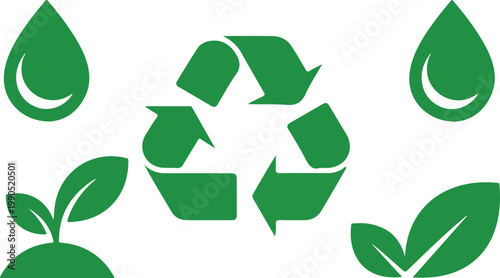 Eco friendly logo design with recycling emblem and green water droplet icons in clean minimalist environmental branding style