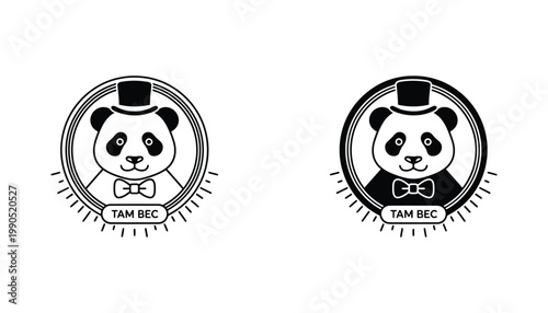 Panda character mascot wearing top hat and bowtie icon set for brand identity vector illustration in circular frame