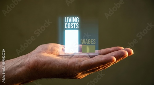 Stagflation risk - Cinematic close-up of a hand holding a holographic bar chart representing rising living costs surpassing wage growth.