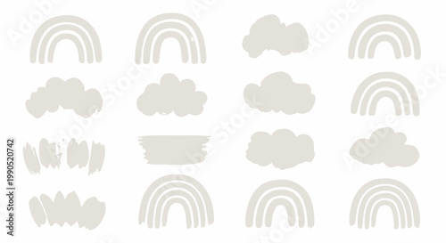 Gray rainbow and cloud shapes icons.