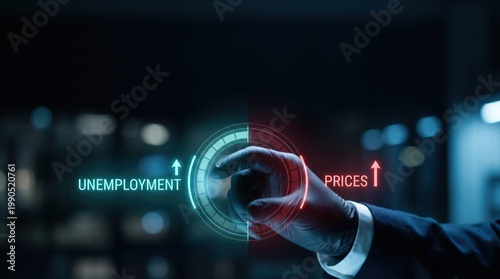 Stagflation risk - A close-up shot of a hand interacting with a holographic interface, illustrating technology and financial stress.