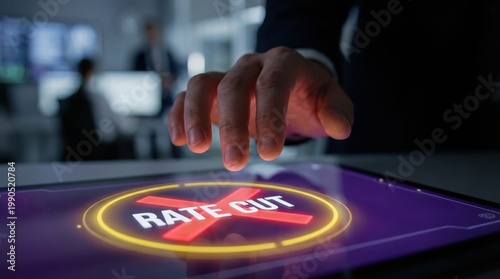 Stagflation risk - A hand hesitates over a blocked digital interface for interest rate decisions in a dramatic cinematic close-up.