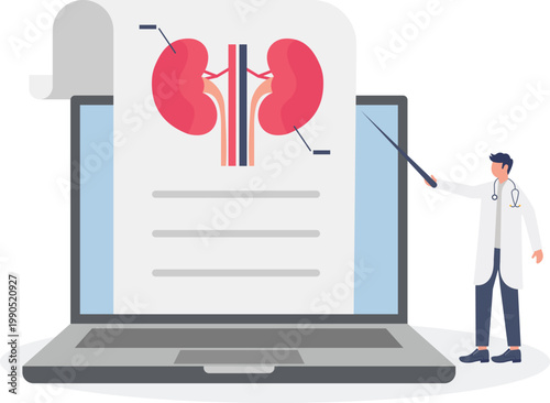 Specialist presenting renal health report on laptop screen