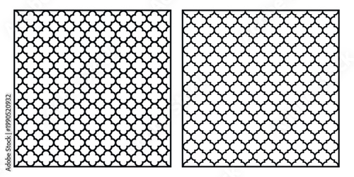Two square panels displaying identical, tightly woven black line patterns resembling a repeating quatrefoil or mesh vector design on a white background.