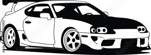Monochrome performance car side view illustration featuring aggressive body styling rear wing hood scoop and custom rims