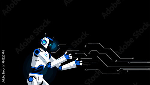 Futuristic AI robot interacting with digital data network and smart technology system