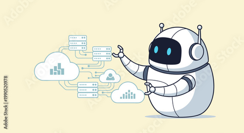 AI robot presenting cloud data analytics with smart automation and digital interface