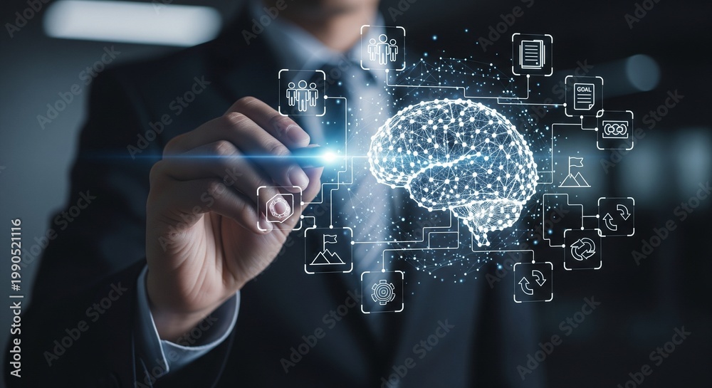 Fototapeta premium Abstract brain network hologram with icons, business concept
