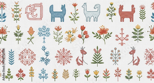 Collection of embroidered floral and animal motifs on a grid background.