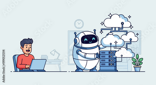 Cloud computing automation with AI robot managing server data for modern workspace