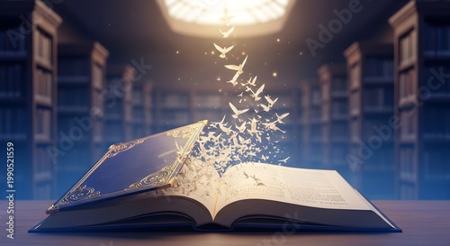 Conceptual Art of Book Pages Turning into Birds in a Library