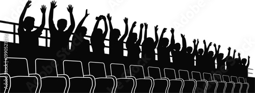 Excited stadium crowd silhouettes cheering with raised hands behind rows of empty seats