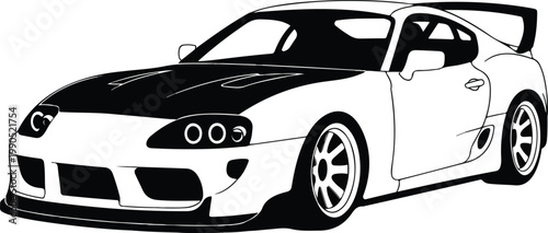 Monochrome performance car side view illustration featuring aggressive body styling rear wing hood scoop and custom rims.