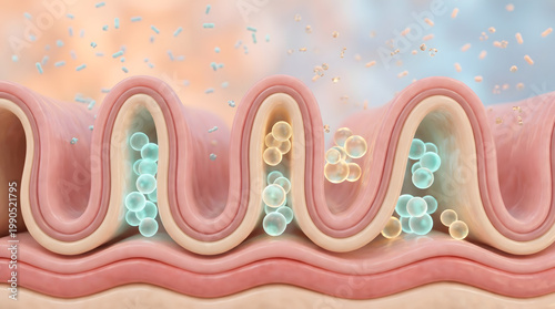 3D Intestinal Villi With Probiotic Bacteria Sphere Showing Gut Microbiome Health Medical