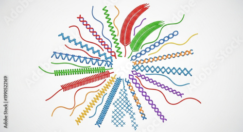 Colorful embroidery stitches arranged in a circle pattern.