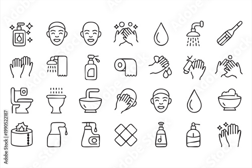 Hygiene and Cleaning Line Icons, Personal Care, Washing, Health Set