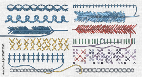Collection of decorative embroidery stitches and patterns.