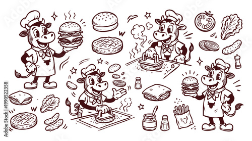 Vintage 1930s Cartoon Cow Chef Mascot Set with Burger Ingredients
