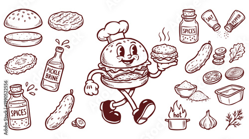 Vintage 1930s Cartoon Hamburger Chef Character and Ingredient Set
