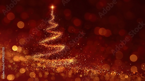 Abstract Christmas Tree with Golden Glitter and Bokeh Lights on Red Background