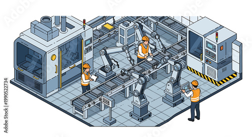 Modern Automated Industrial Factory Production Line with Robotic Arms and Workers
