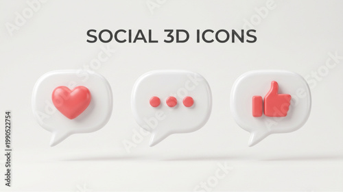 Social media communication concept with 3d chat icons heart message and like symbols minimal modern interface design for app ui marketing and digital branding use