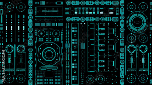 A complex teal colored schematic of futuristic technology and mechanical components